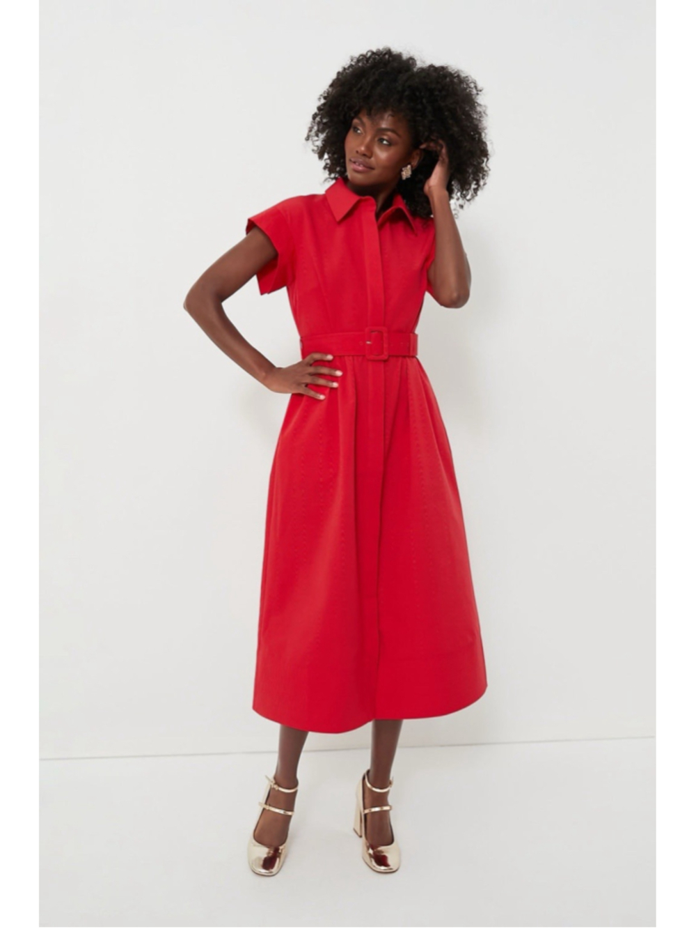 New Tuckernuck Red Chloe Midi Dress L Belted Collared Moir Classic Elegant - Picture 1 of 14